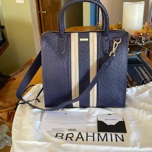 Brahmin leather bag, navy w/nude stripe accent,2 handles,shoulder strap,dust bag